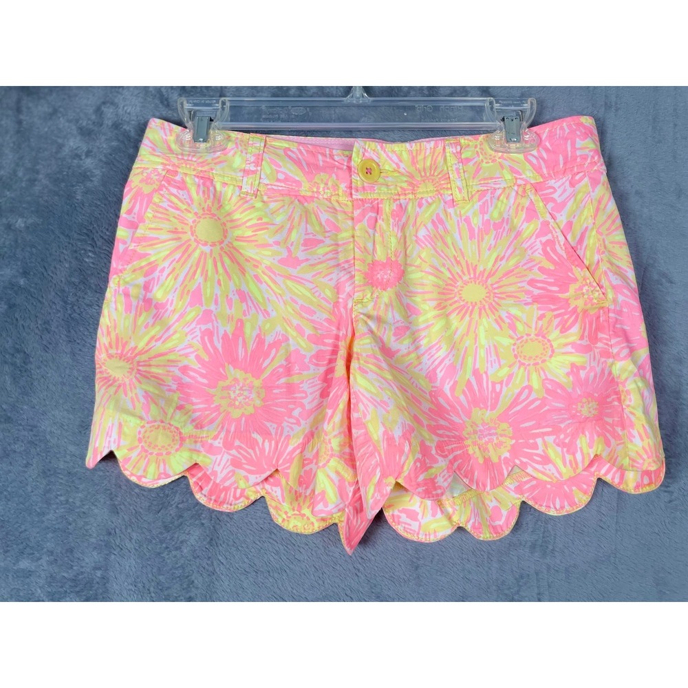 Lilly Pulitzer Buttercup Shorts Pink Yellow Floral Scallop Hem Size‎ 0